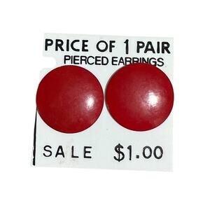 Vintage Large Red Metal Disc Earrings Original Card Flat Circle Studs